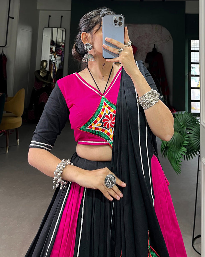 Pink And Black Color Cotton Gamthi Navratri Lehenga Choli