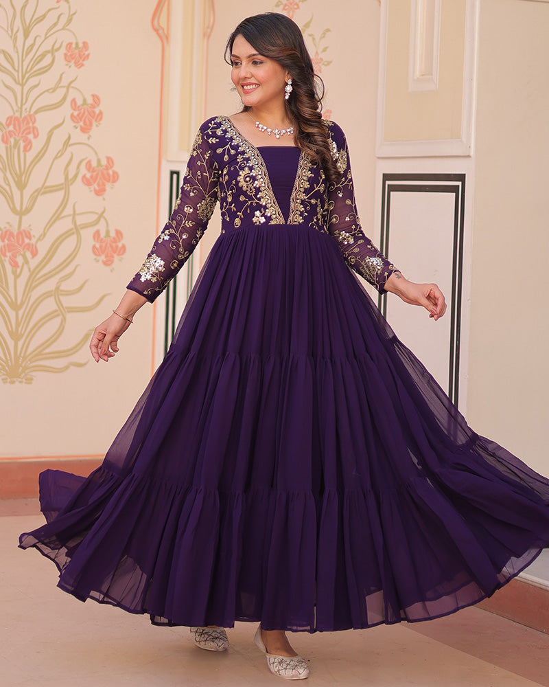 Royal Purple Gown With Exquisite Golden Embroidery