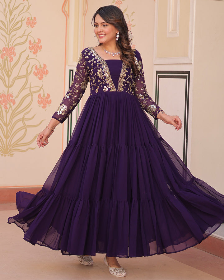 Royal Purple Gown With Exquisite Golden Embroidery