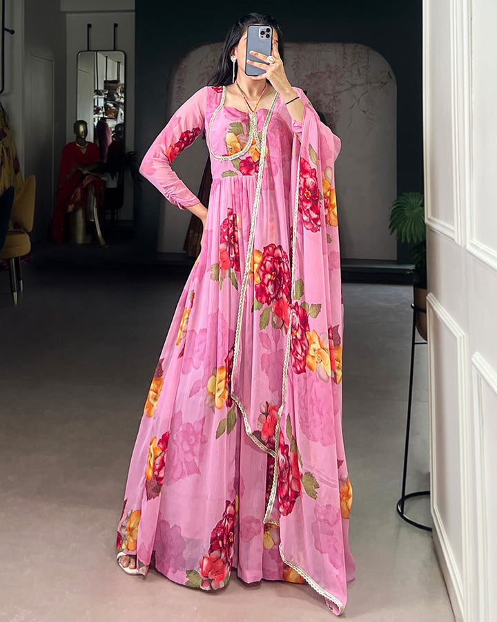 Light Pink Color All Over Floral Printed Chiffon Gown