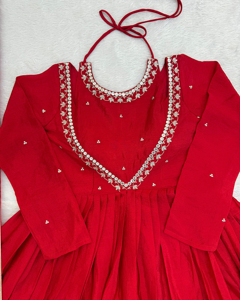Red Color Chinon Silk Embroidered Plazzo Suit