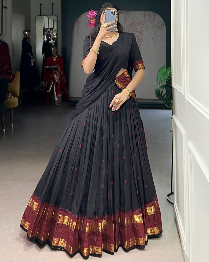 Traditional Black Color Chanderi Half Saree With Zari Detailing