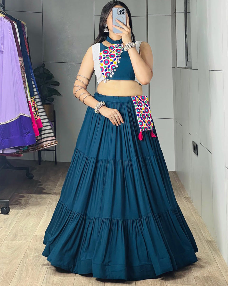 Traditional Rama Color Frilled Style Navratri Lehenga