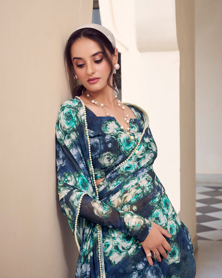 Designer Navy Blue Color Weightless Marble Floral Printed Saree