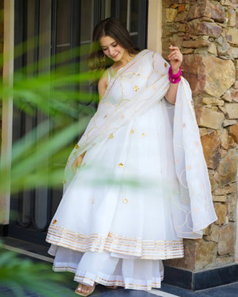 White Color Faux Georgette Embroidered Sharara Suit