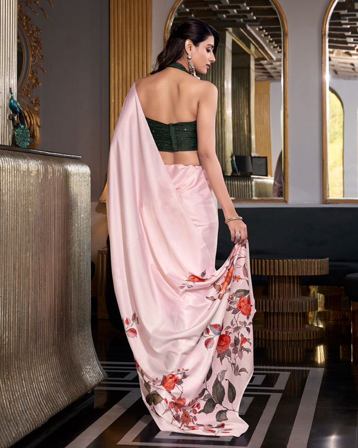 Designer Off White Color Satin Silk Printed Saree