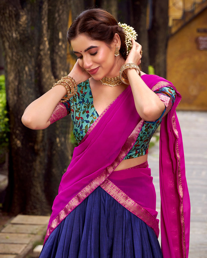 Navy Blue Color Aastha Silk Printed Half Saree