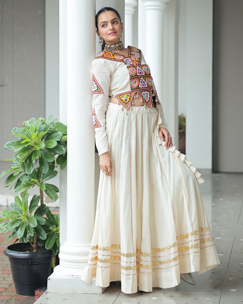 Classic Off-White Navratri Lehenga Choli with Ethnic Mirror Embroidery