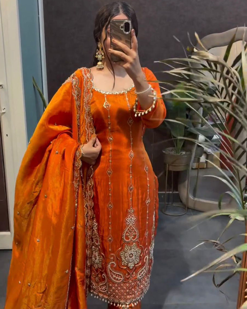 Rust Orange Color Fendi Silk Three Piece Kurti Suit