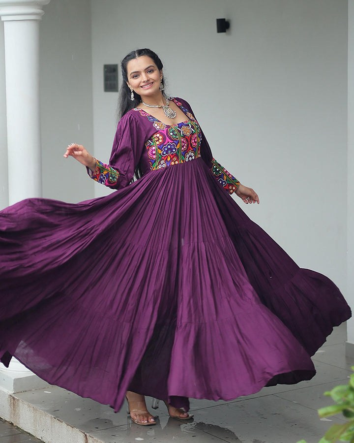 Navratri Wear Wine Color Reyon Gamthi Work Gown