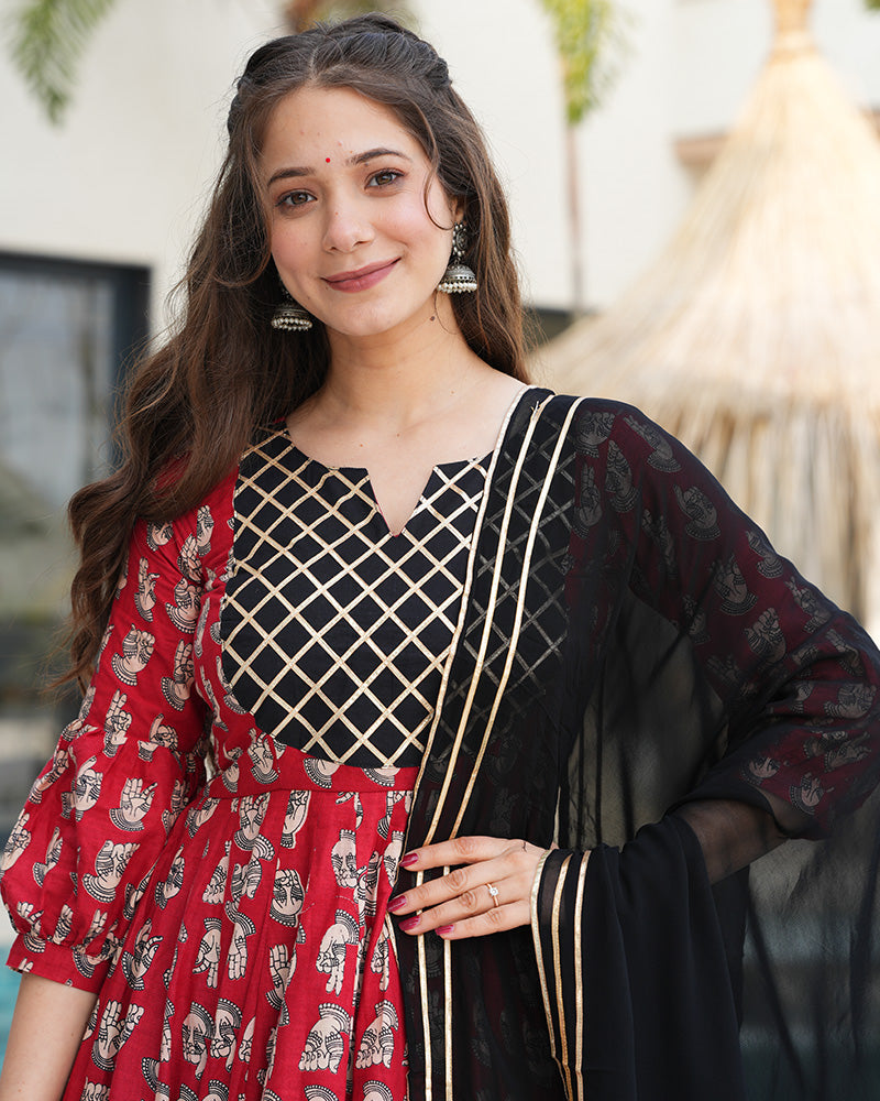Maroon and Black Color Printed Pure Cotton Anarkali Suit