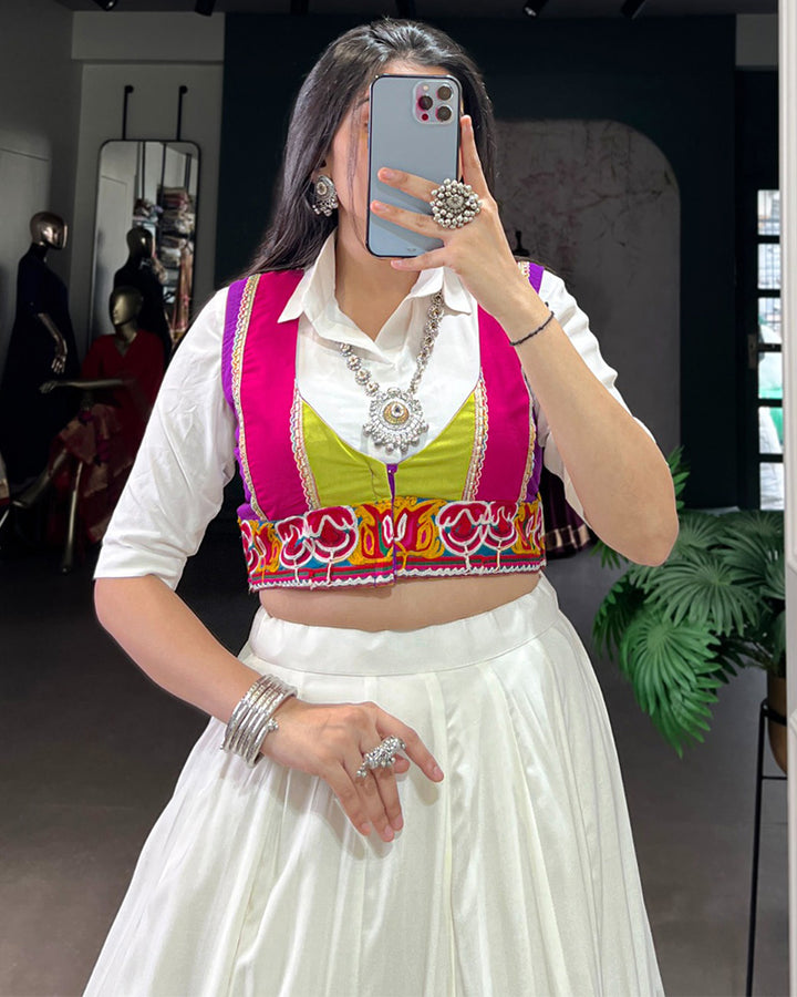 White Lehenga Choli WIth Vibrant Multicolor Flare
