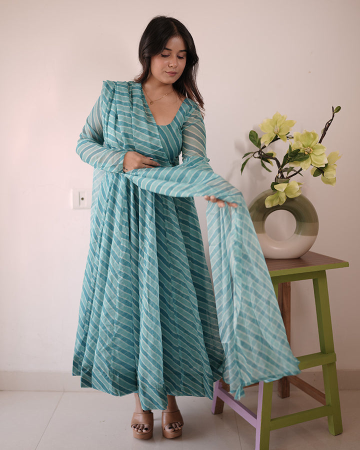 Firozi Color Tabby Organza Three Piece Anarkali Suit