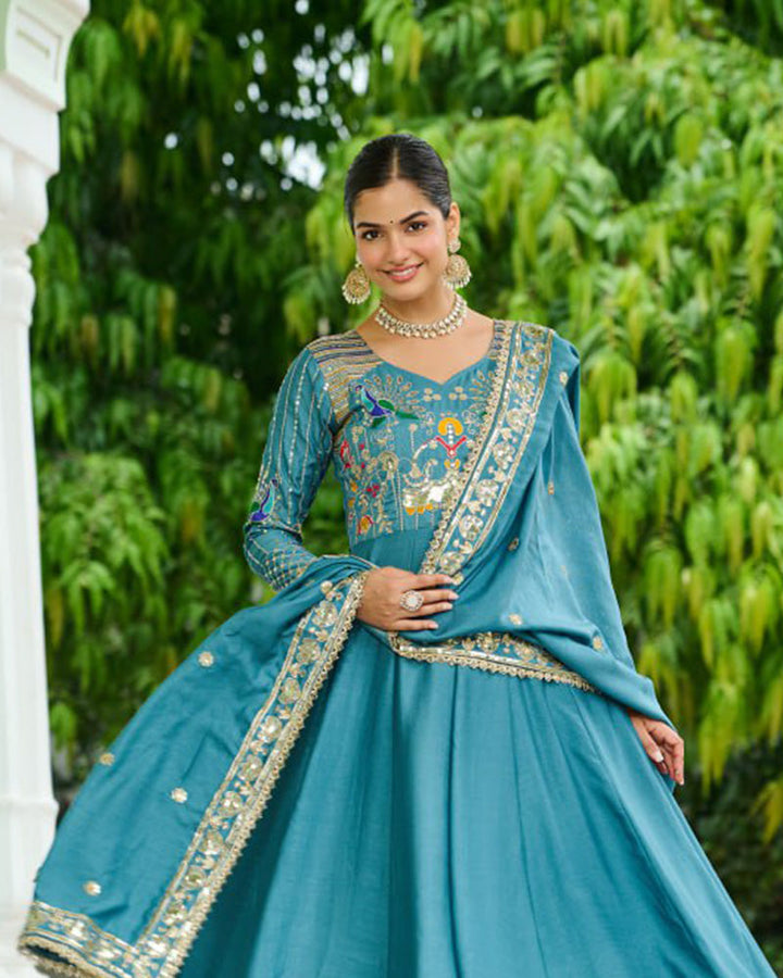 Teal Blue Color Vichitra Silk Sequence Embroidered Gown
