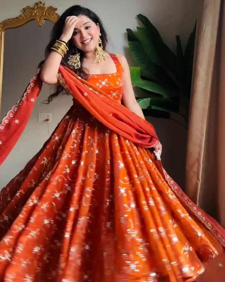Orange Color Fendi Silk Three Piece Anarkali Suit