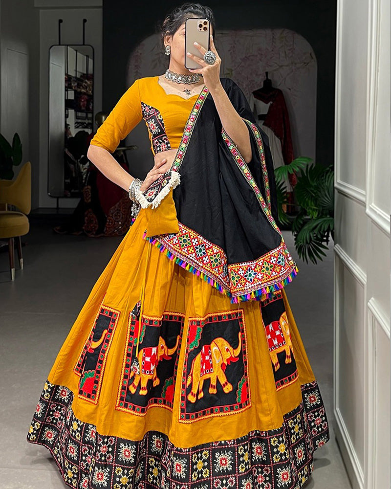 Mustard Yellow Color Gamthi Work Pure Cotton Lehenga Choli for Navratri Wear