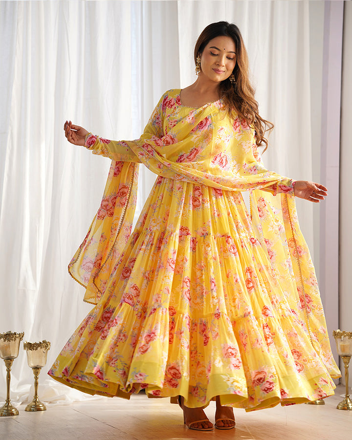 Floral Print Yellow Color Georgette Frill Anarkali Suit