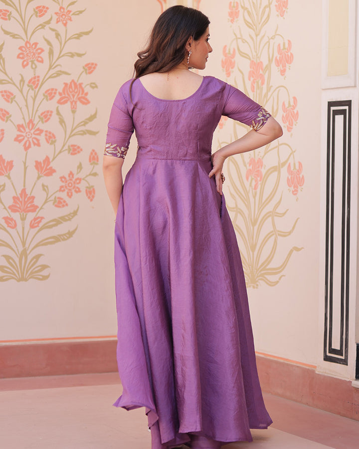 Elegant Lavender Gold Crush Embroidered Party Wear Gown