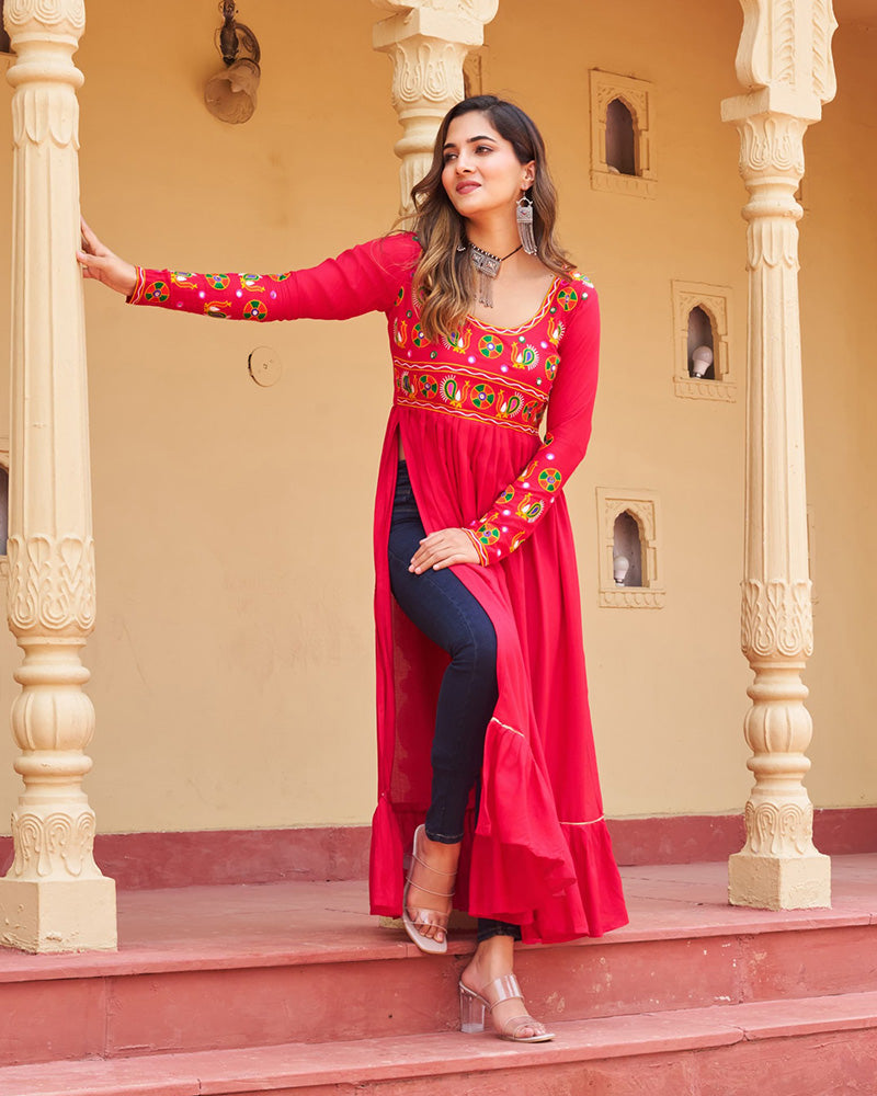 Vibrant Pink Flared Rayon Kurti With Gamthi Work