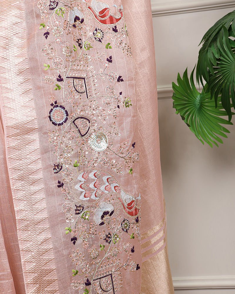 Peach Color Embroidered Kota Tissue Saree