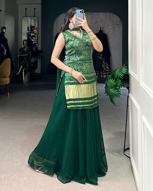 Designer Green Color Gaji Silk Three Piece Plazzo Suit