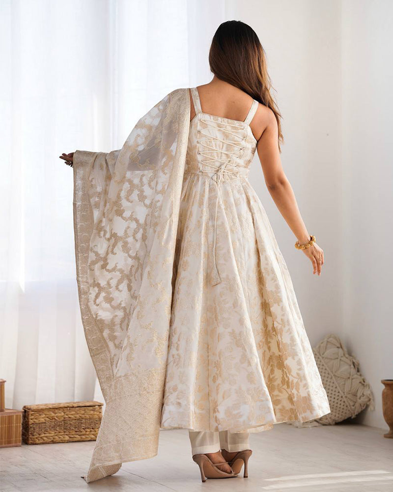 Off-White Color Banarasi Jacquard Silk Anarkali Suit