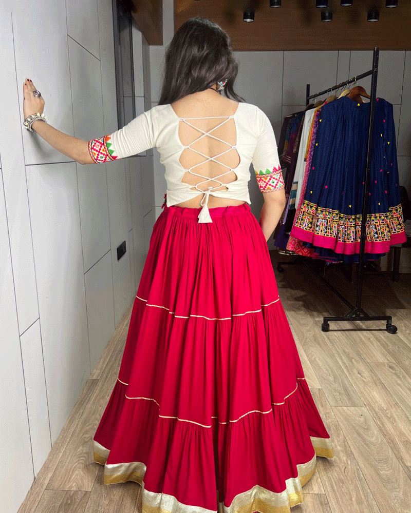 White And Gajari Pink Color Rayon cotton Navratri Lehenga Set