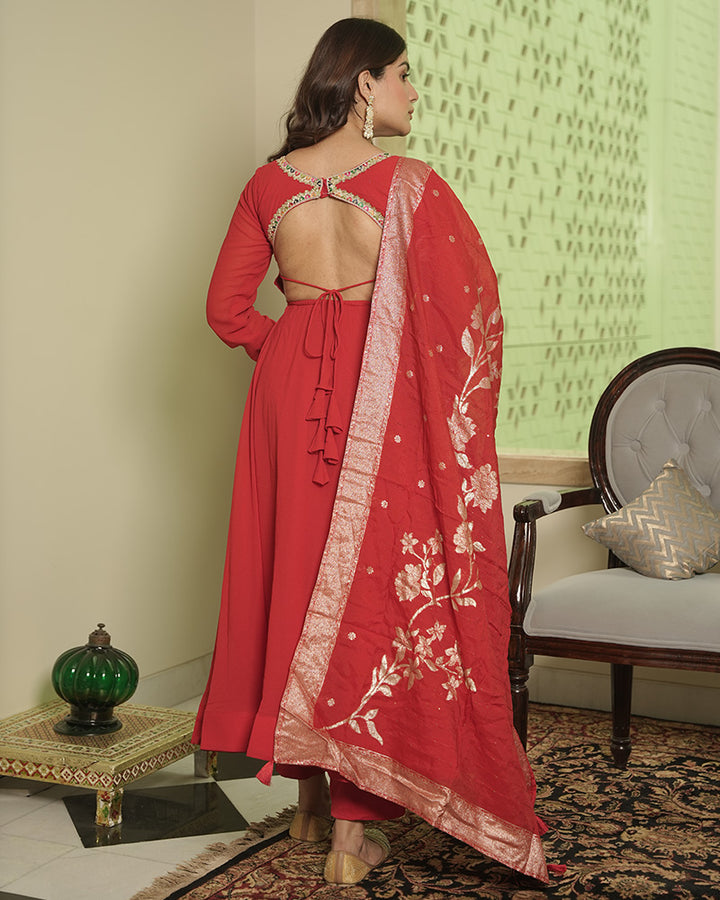 Red Color Georgette Anarkali Suit With Dyable Dupatta