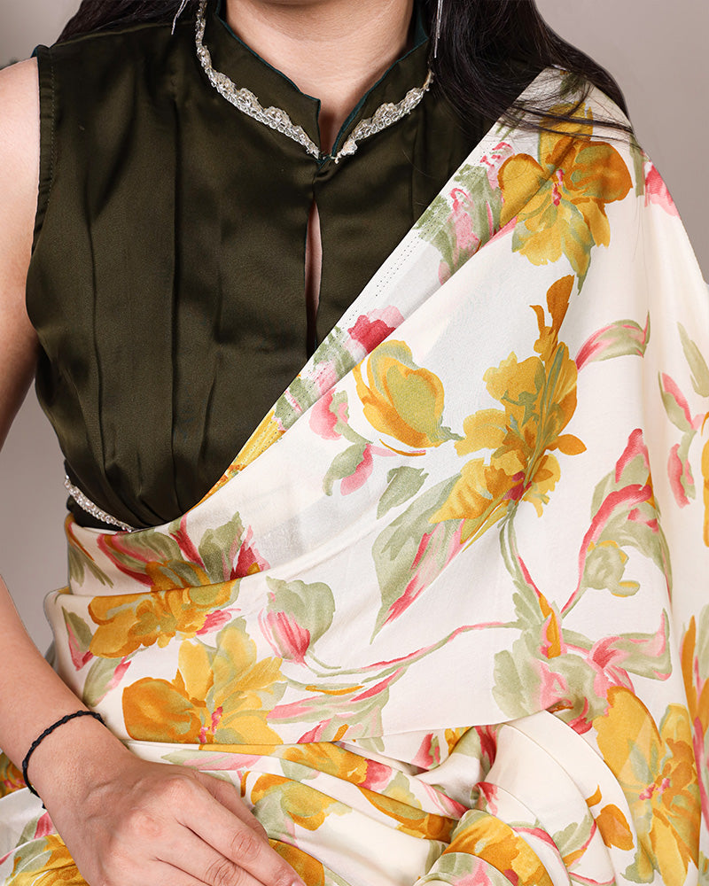 Yellow Color Satin Silk Floral Printed Saree