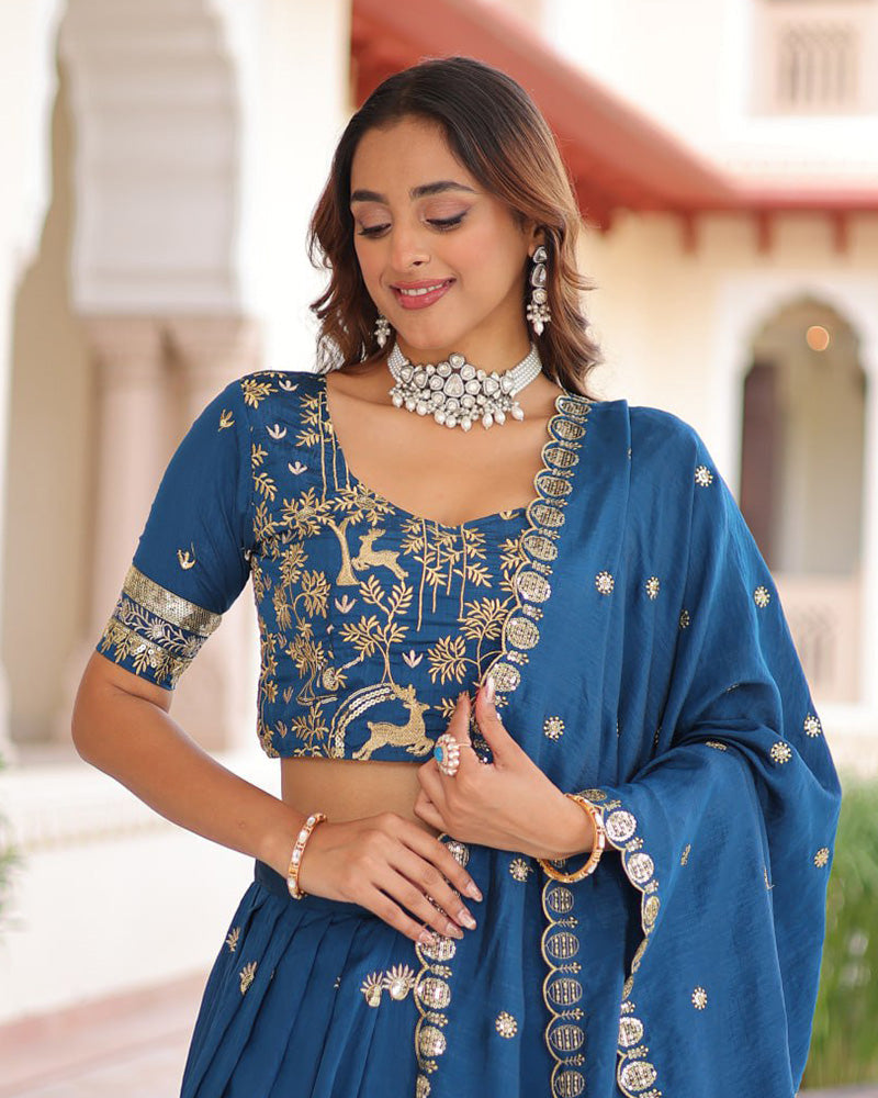 Peacock Blue Color Vichitra Silk Sequence Embroidered Lehenga Choli