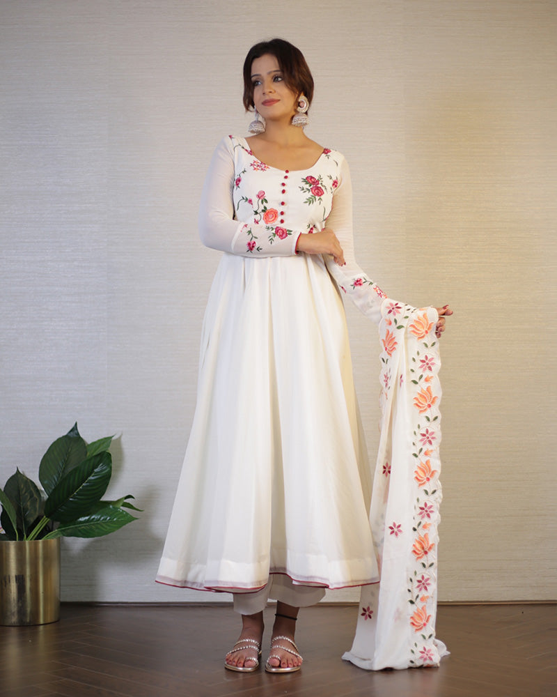 Off-White Color Georgette Anarkali With Pant And Dupatta