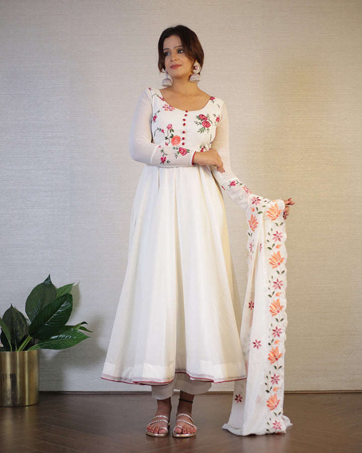 Off-White Color Georgette Anarkali With Pant And Dupatta