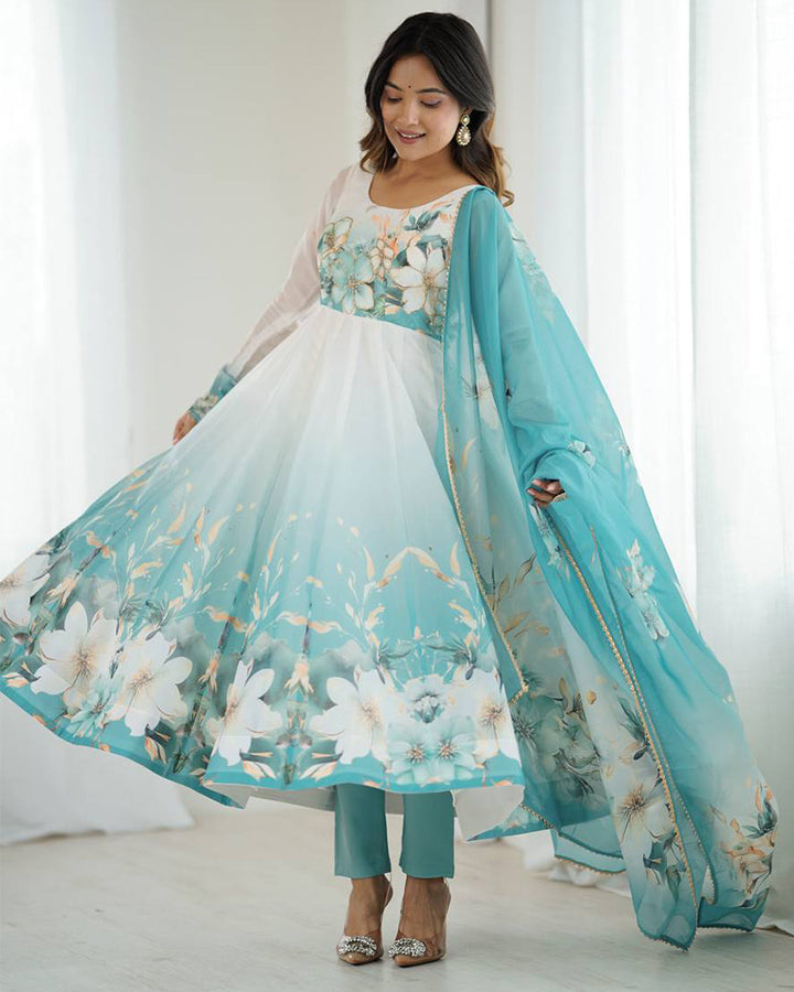 Aqua Blue Color Organza Silk Three Piece Anarkali Suit