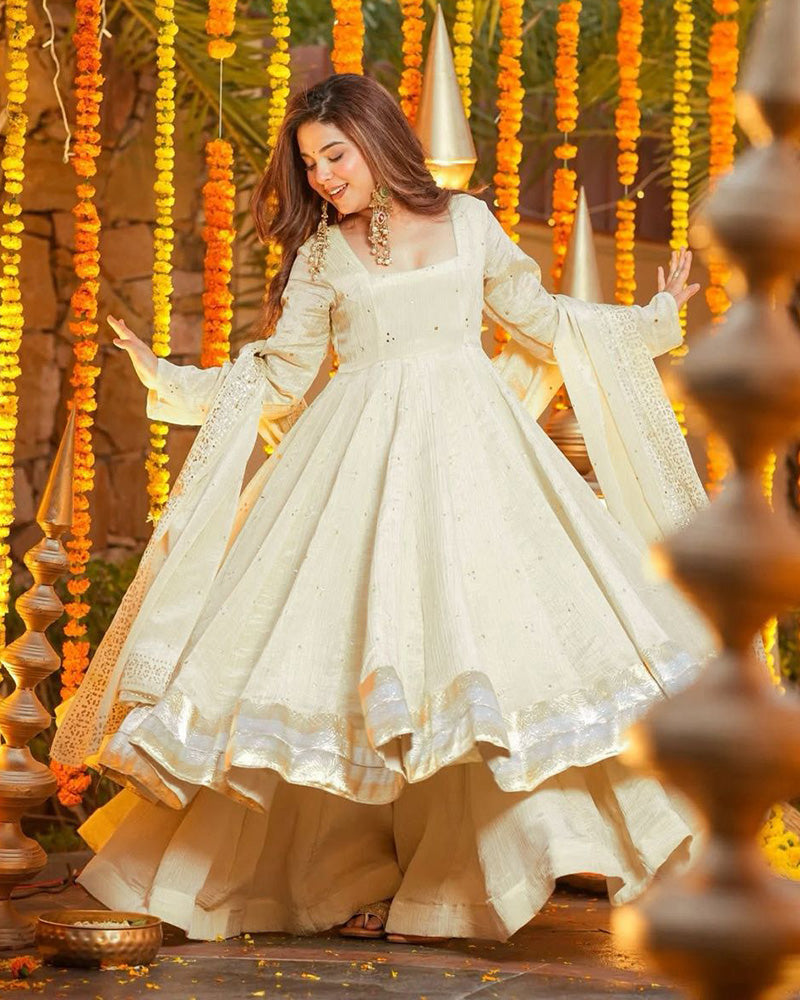 Cream Color Chinnon Silk Mukaish Work Plazzo Suit