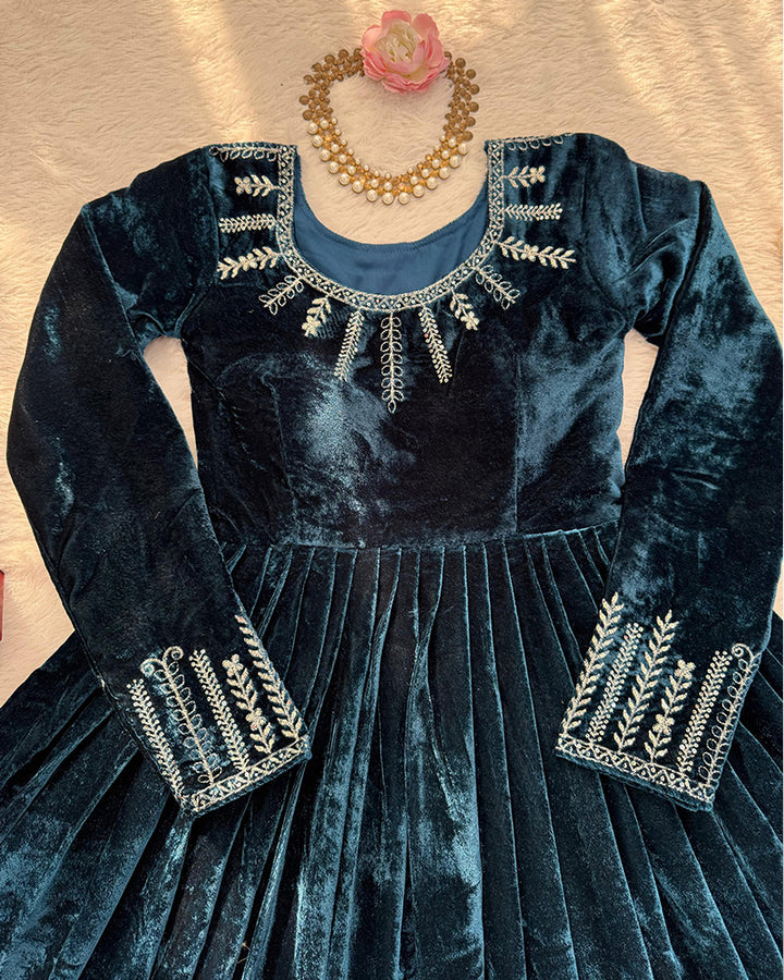 Bottle Green Color Viscose Velvet Embroidered Anarkali Suit