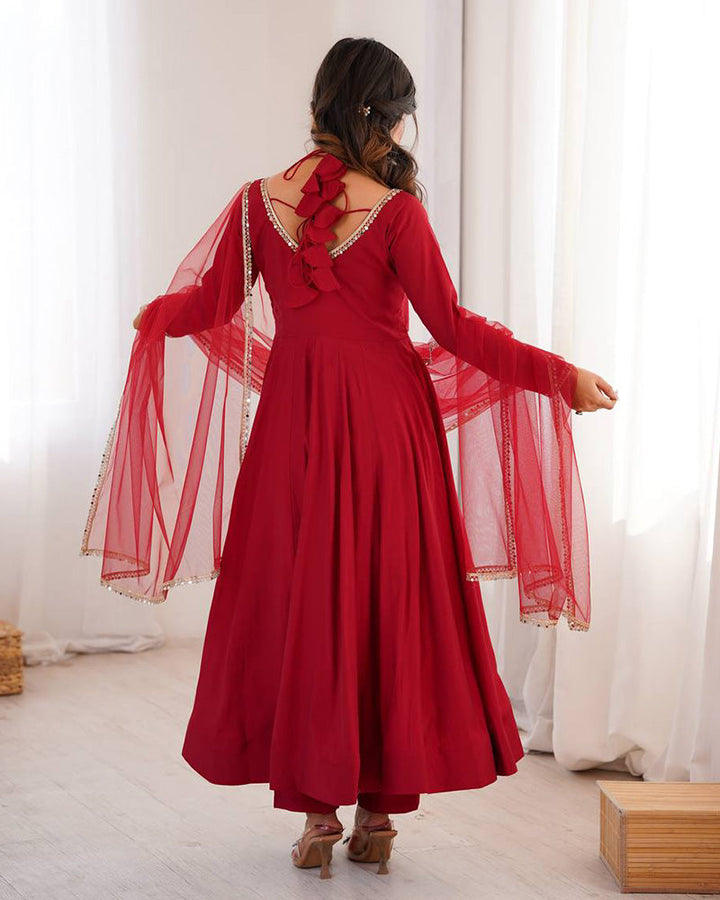 Maroon Color Chanderi Roman Silk Three Piece Anarkali Suit