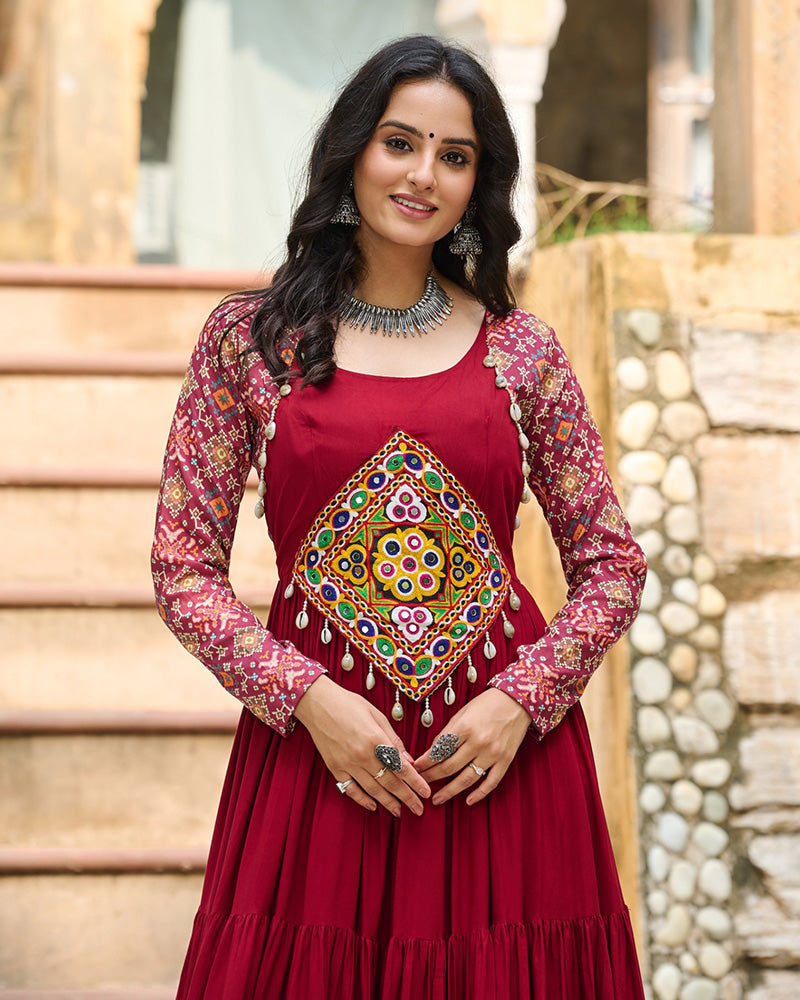 Full Flair Maroon Rayon Gown With Multicolor Embroidery