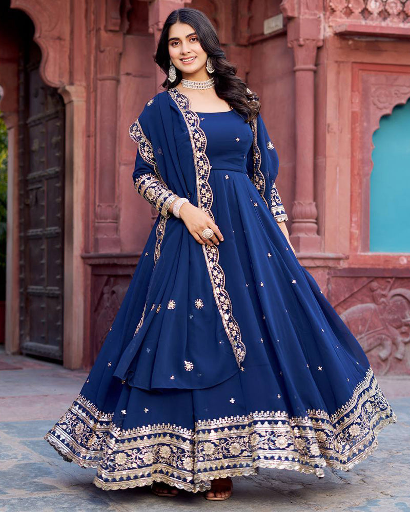 Ethnic Blue Color Georgette Sequence Embroidered Gown