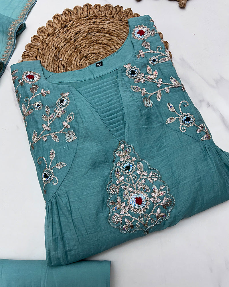 Dusty Teal Color Mal Cotton Three Piece Kurti Suit
