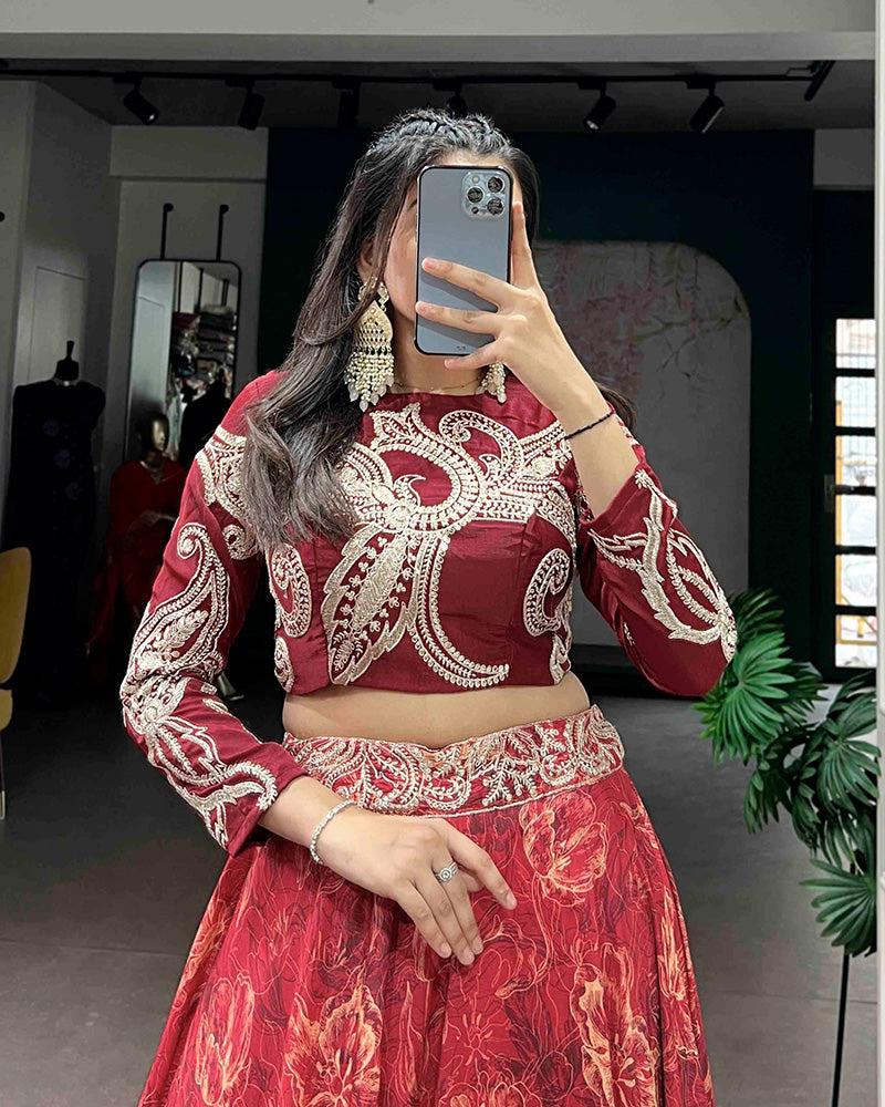 Red Color Tasar Silk Printed Embroidered Lehenga Choli