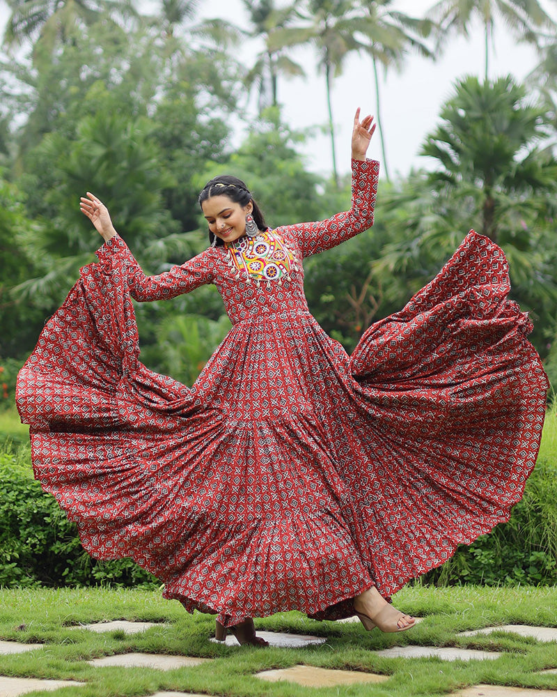 Navratri Special Maroon Color Cotton Gamthi Work Gown