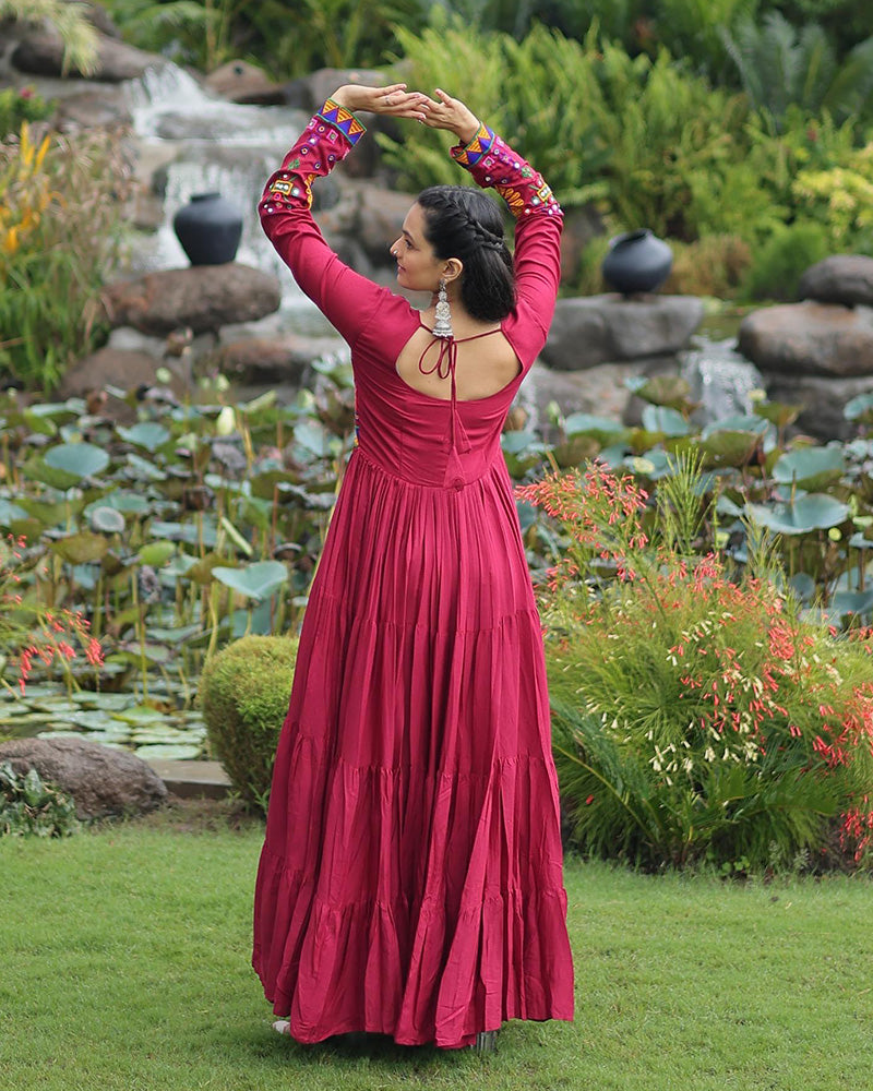 Navratri Special Maroon Color Reyon Gamthi Work Gown