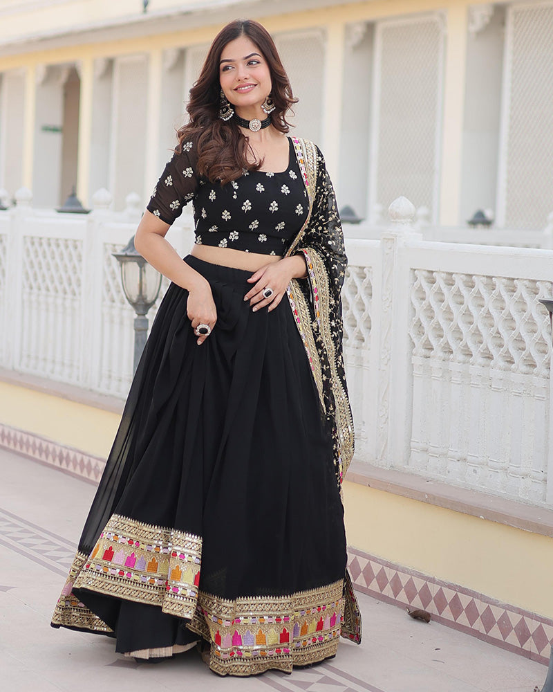 Wedding Wear Black Color Georgette Embroidery Lehenga Choli