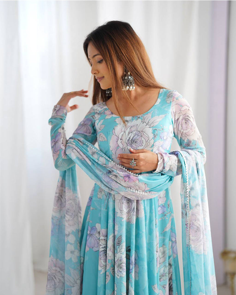 Sky Blue Color Georgette Floral Printed Gown