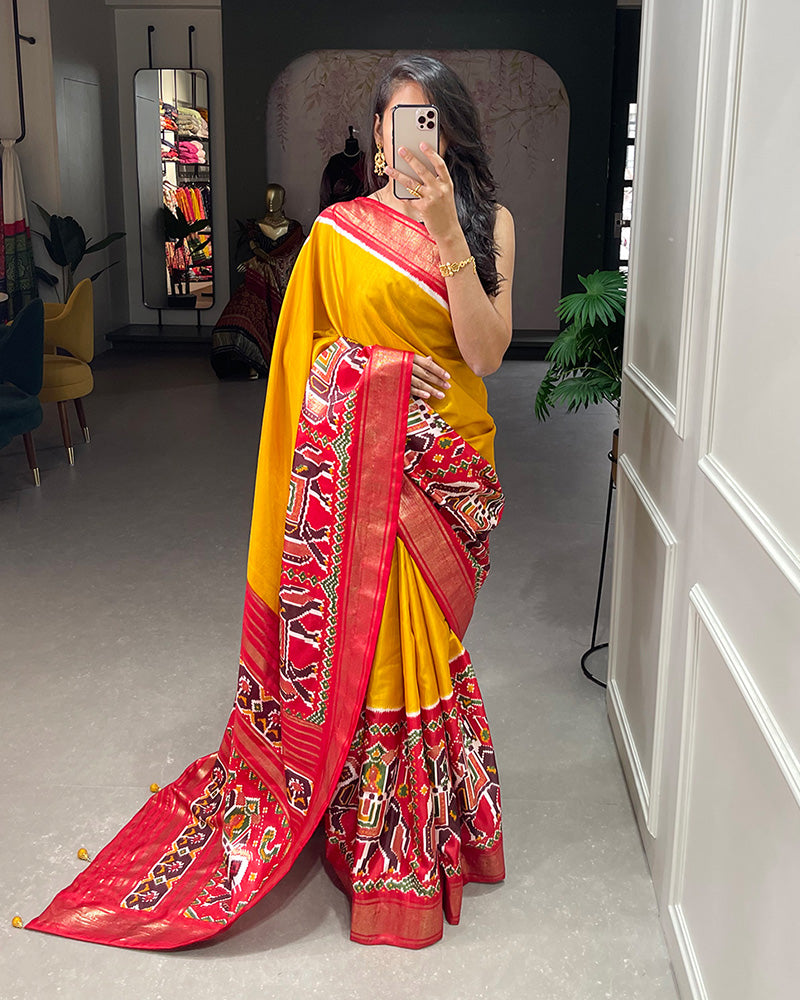 Mustard Color Patola Print With Foil Work Dola Silk Saree
