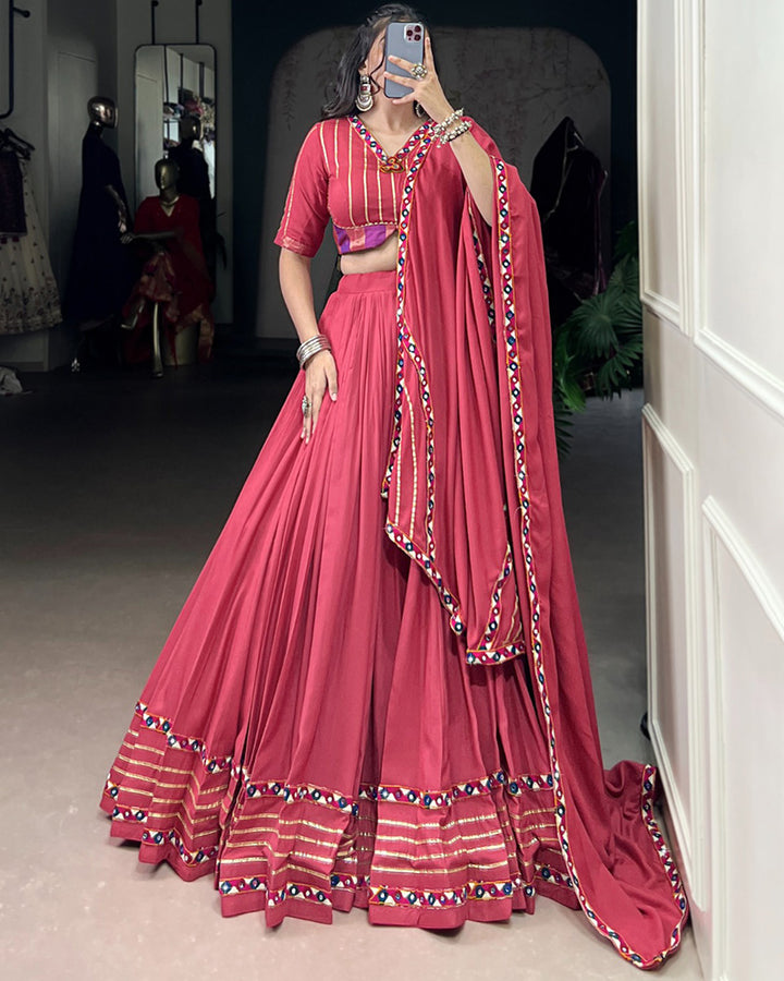 Vibrant Dark Pink Color Rayon Gamthi Work Navratri Lehenga Choli