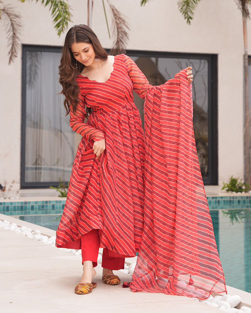 Orange And Brown Color Tabby Organza Three Piece Anarkali Suit