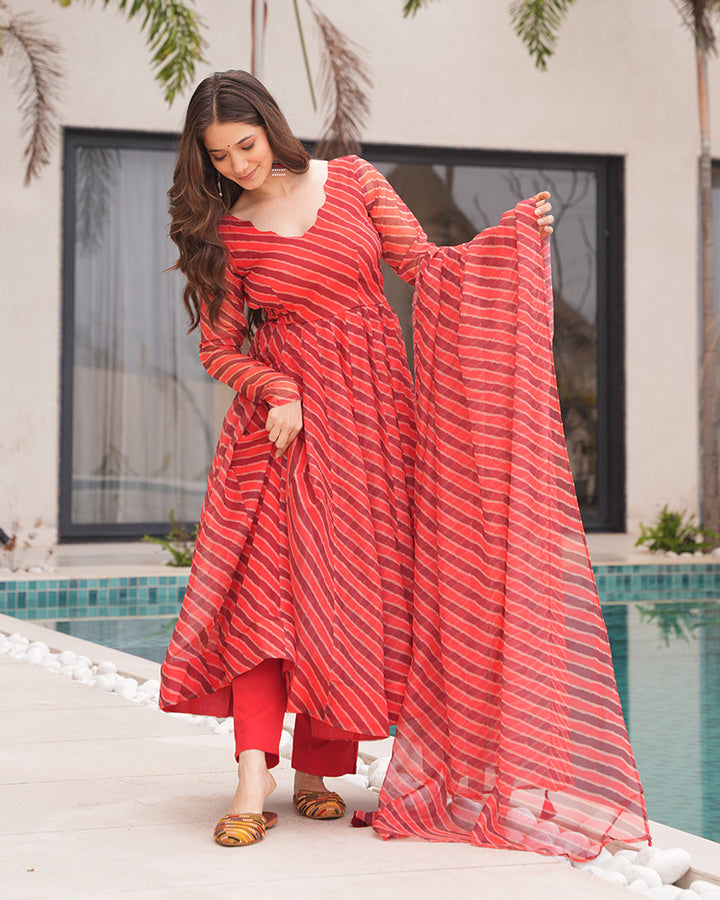 Orange And Brown Color Tabby Organza Three Piece Anarkali Suit