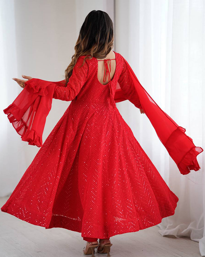 Red Color Soft Georgette Embroidered Lucknowi Anarkali Suit