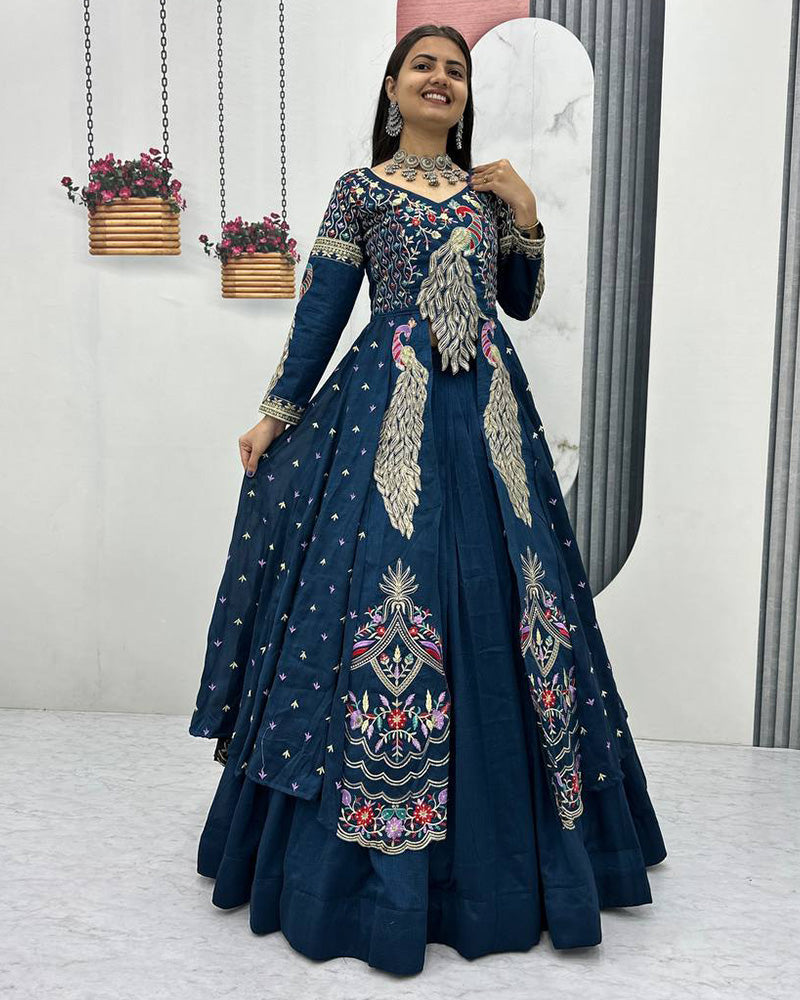 Peacock Vichitra Silk Sequence Embroidered lehenga Choli